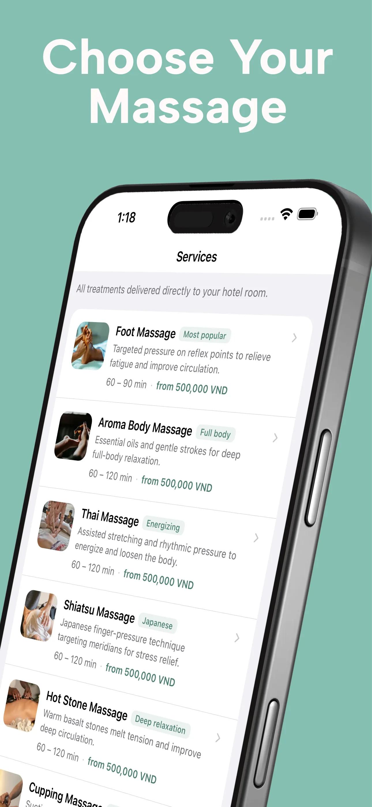 MassageGo iOS app screen 2