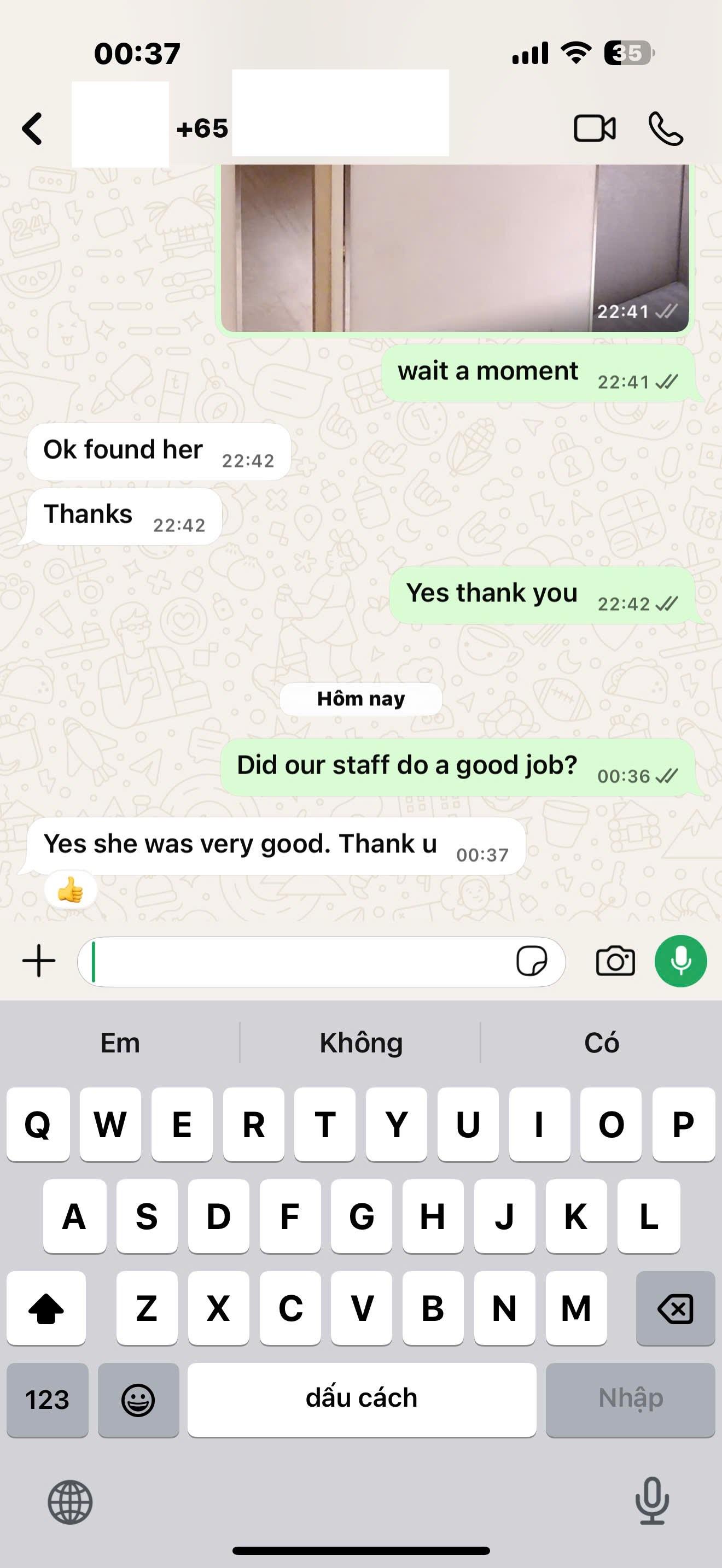 Singapore customer confirming the MassageGo therapist was very good when asked if the staff did a good job