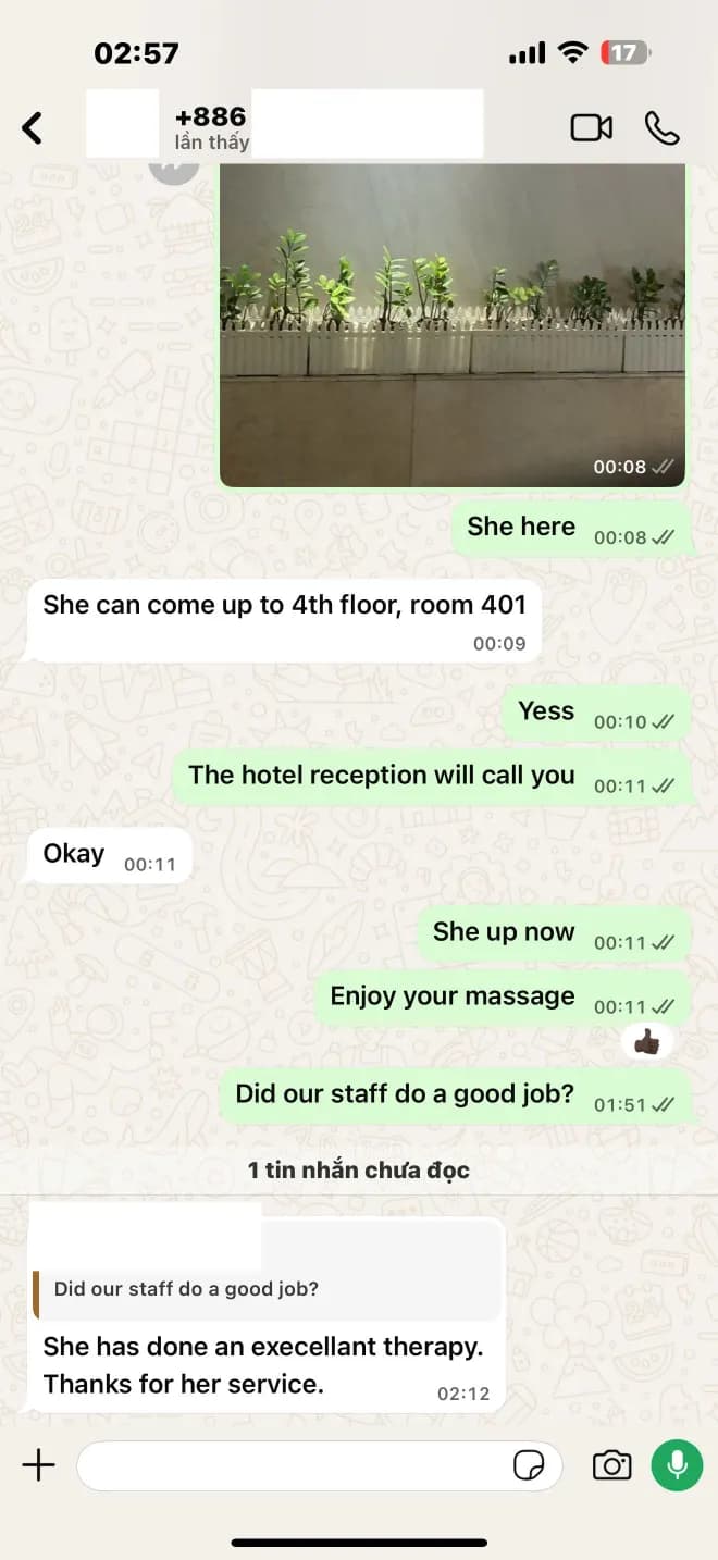Customer from Taiwan confirming the therapist did an excellent therapy and thanking the service via WhatsApp