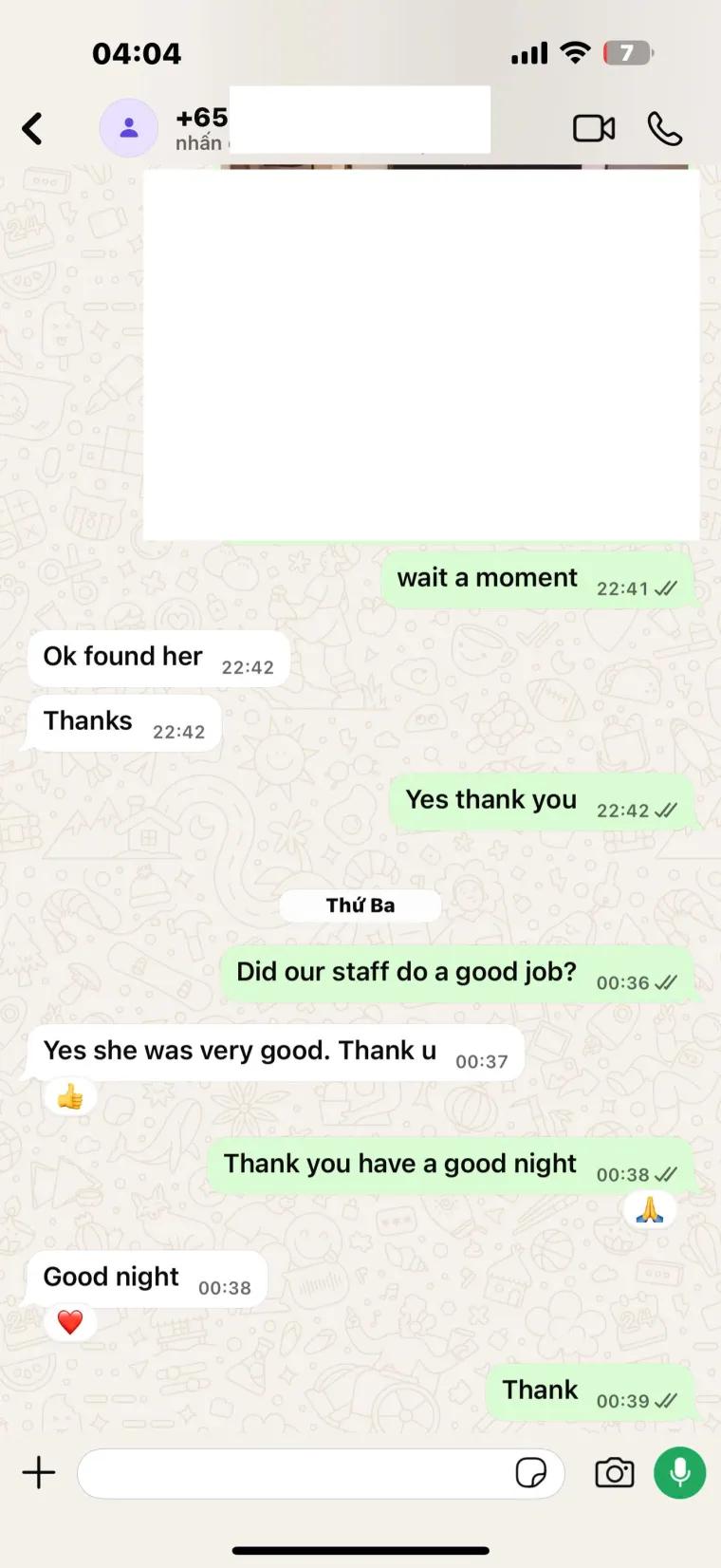 Singapore customer confirming the MassageGo therapist was very good and thanking the service via WhatsApp