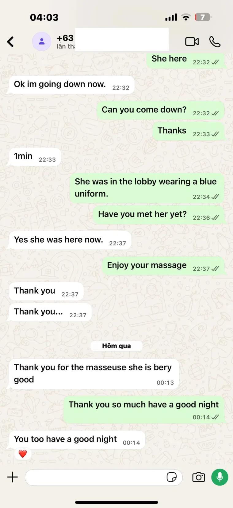Philippines customer thanking MassageGo for the masseuse and saying she is very good via WhatsApp