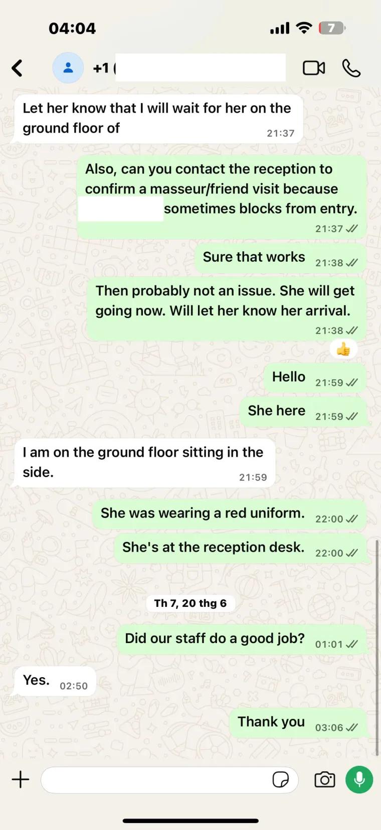 Customer confirming MassageGo staff did a good job after their in-room hotel massage via WhatsApp